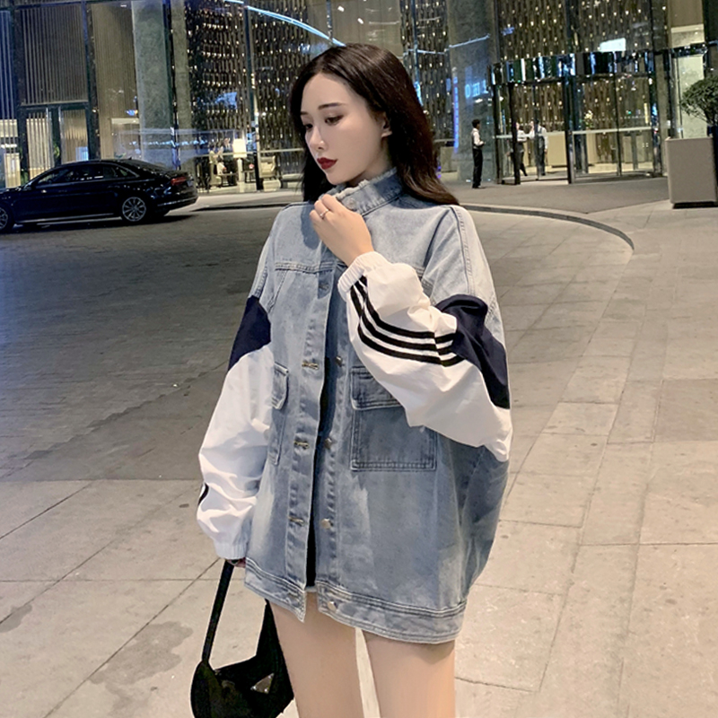网红炸街牛仔外套女春秋新款拼接假两件运动休闲bf风长袖夹克上衣