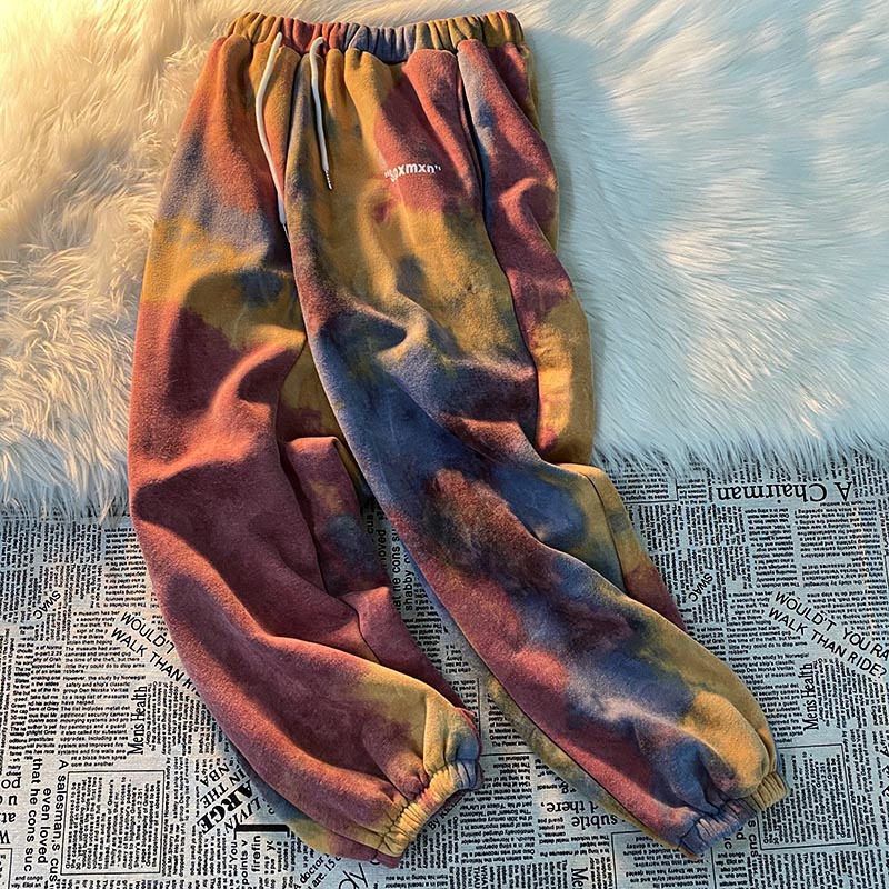 男卫裤2021新款秋冬季扎染彩色嘻哈涂鸦潮流束脚九分运动休闲裤子