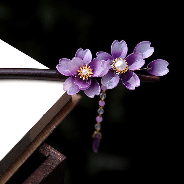盘发紫藤花发簪原创旗袍木簪紫色发饰古风简约发饰