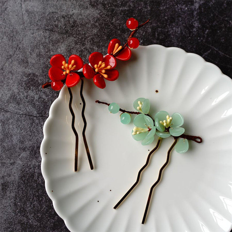 梅花缠花汉服古装琉璃发簪红色头饰复古盘发发饰