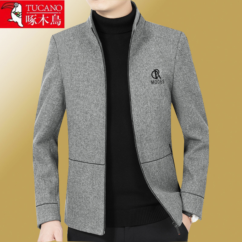 啄木鸟男装2022春秋男士呢子外套中青年商务休闲羊毛呢夹克上衣装