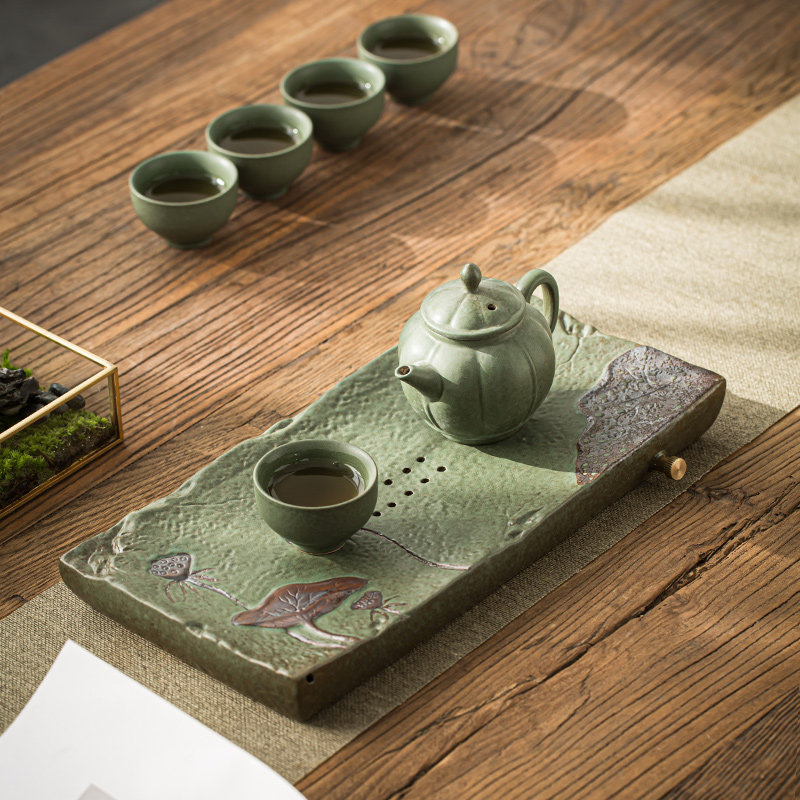 景德镇手工荷花日式陶瓷干泡茶盘简约约可排水茶盘