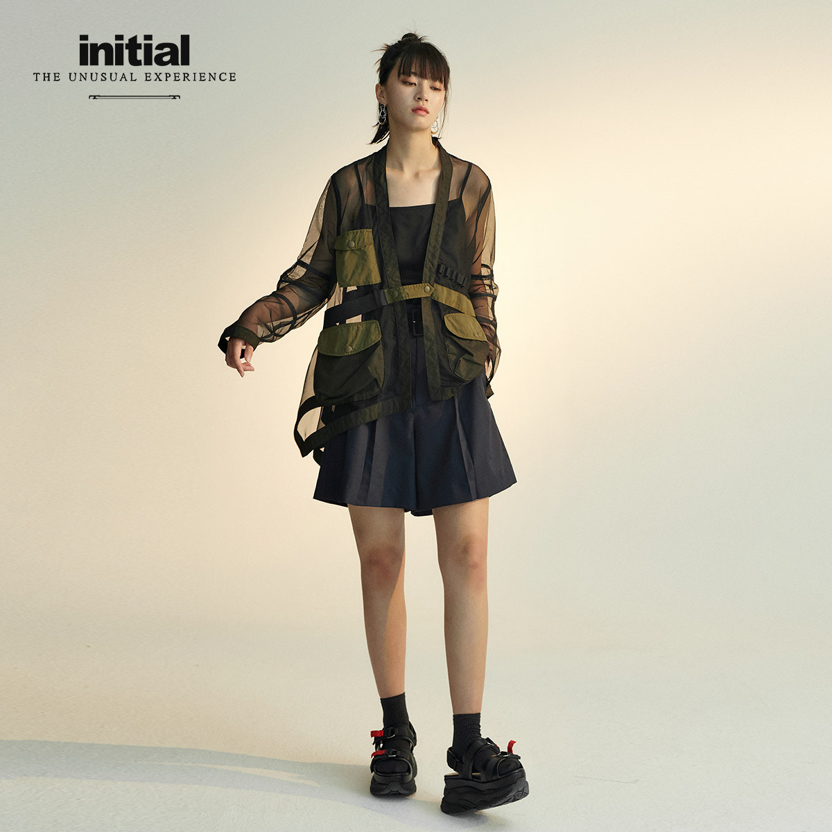 initial2020春夏网纱拼接外套军事口袋和服潮流薄女短外套