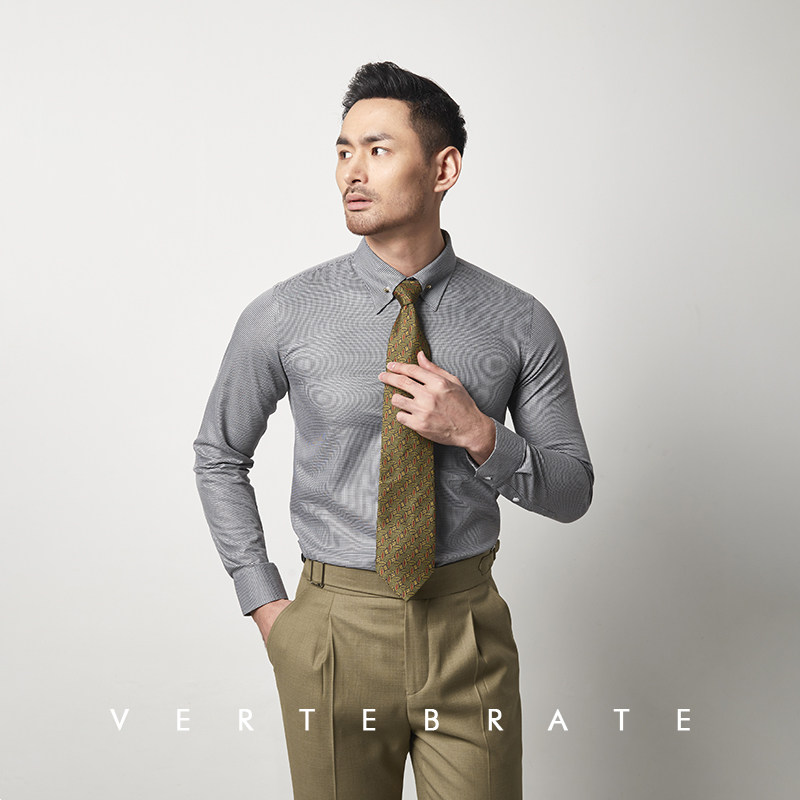 脊椎动物男装法式领针绅士长袖衬衫适合领带千鸟格衬衫