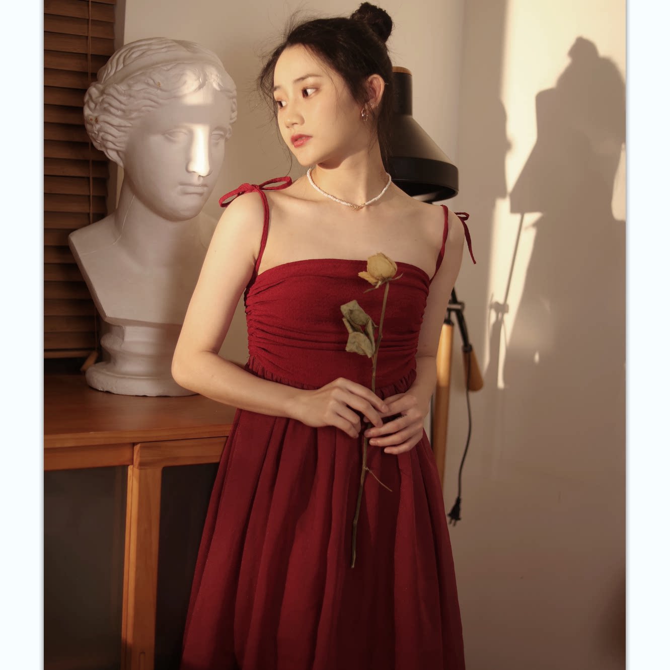 喵吉复古抹胸露背纱裙蓬蓬裙渡假裙中长款修身红色吊带连衣裙女夏