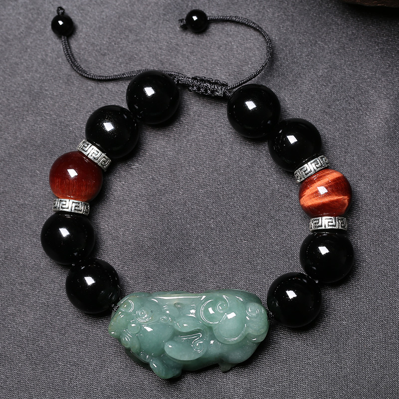 翡翠貔貅手链和田玉玉石貔貅黑曜石男士手串银饰时尚情侣款饰品