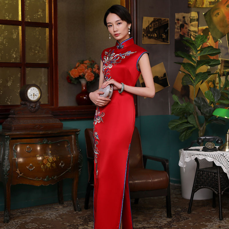 品尚华服重磅真丝中国国风红色优雅高档定制旗袍