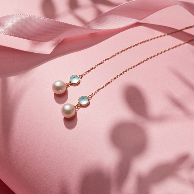 礼物花蜜日本akoya海水珍珠14k金蓝晶耳耳饰