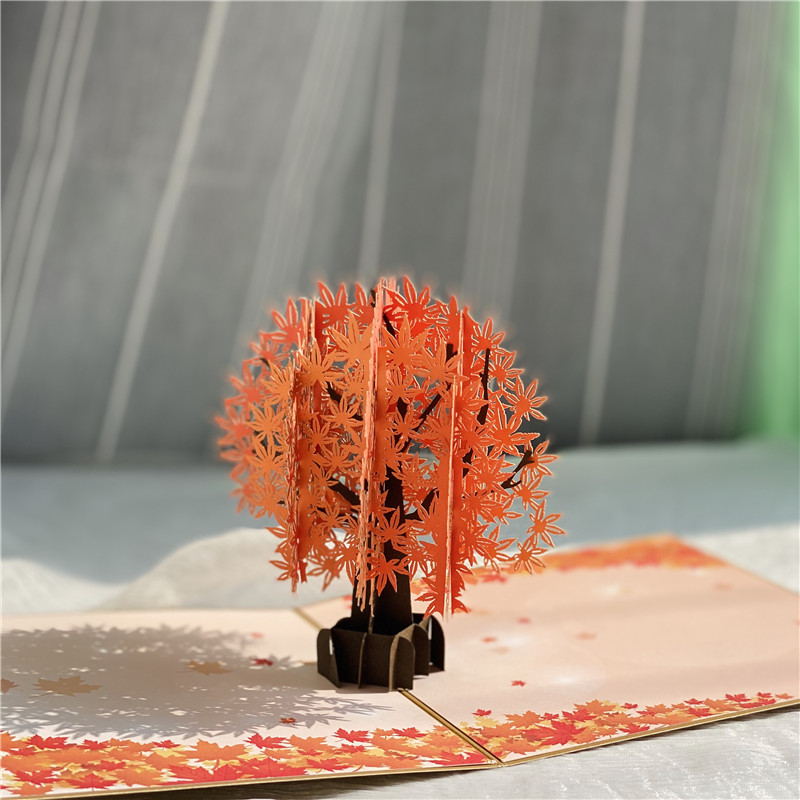 3d枫叶树立体贺卡秋天中国风纸雕手写祝福送老师领导生日礼物感谢