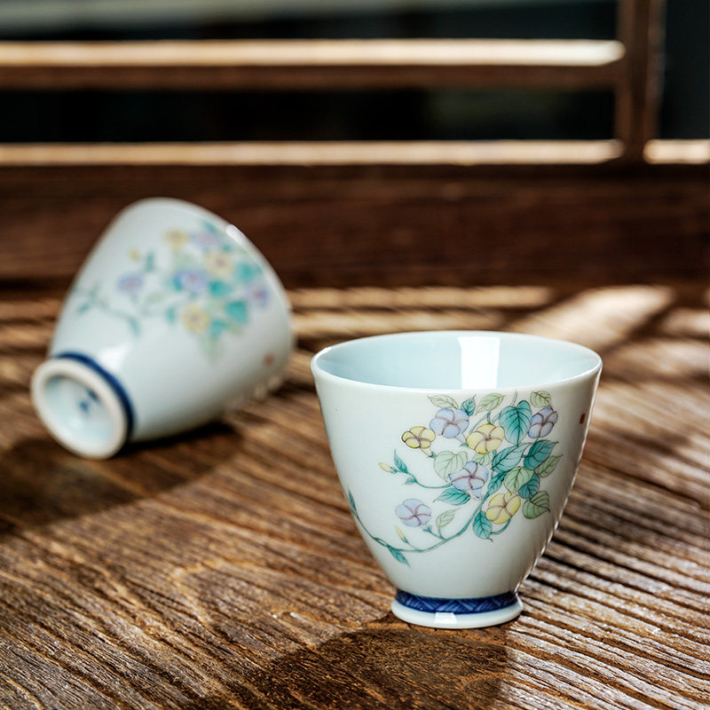 青瓷主人杯品茗杯景德镇手绘斗彩花功夫茶茶杯陶瓷纯手工茶具单杯