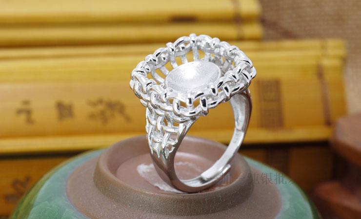 s925纯银戒指空托夸张大珠托银托镶嵌蜜蜡蓝珀圆珠托戒托银饰精工