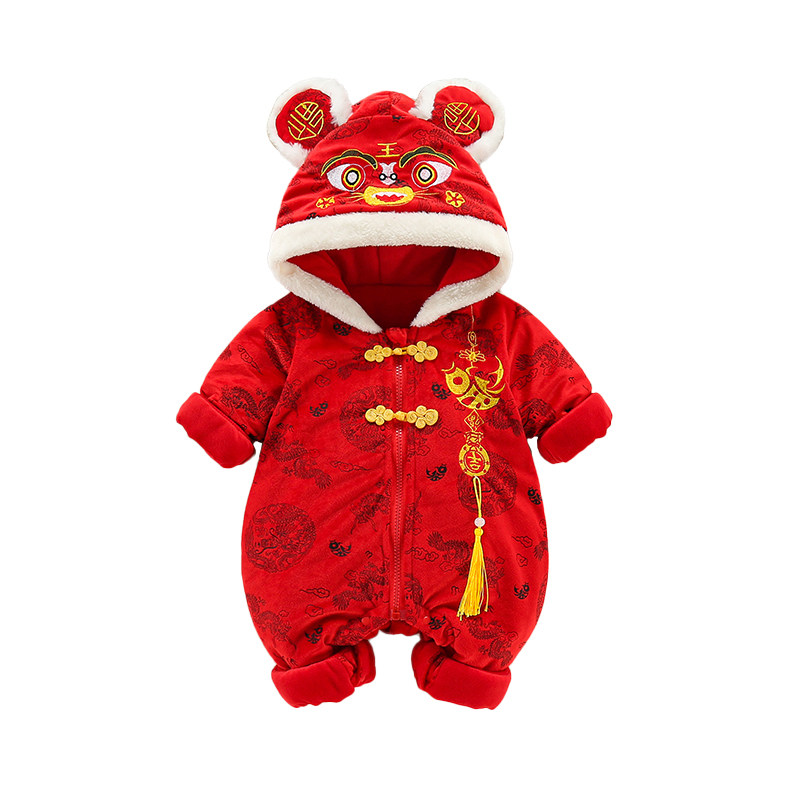 婴儿衣服冬装宝宝连体衣连帽卡通虎头喜庆哈衣过年拜年服抱衣爬服