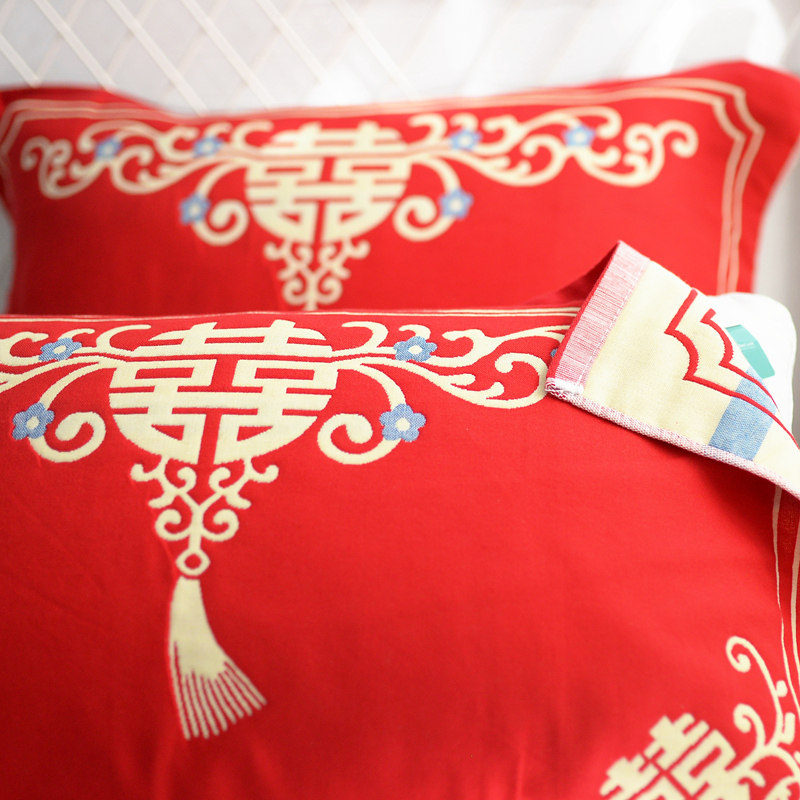 红色结婚枕巾夏季婚庆全棉纯棉高档一对装大枕巾