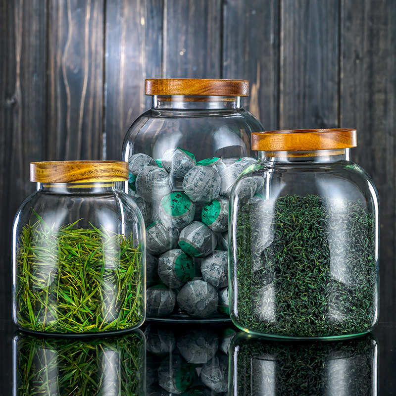 相思木玻璃茶叶罐保存罐子密封罐小瓶子带木盖家用储物罐透明罐子