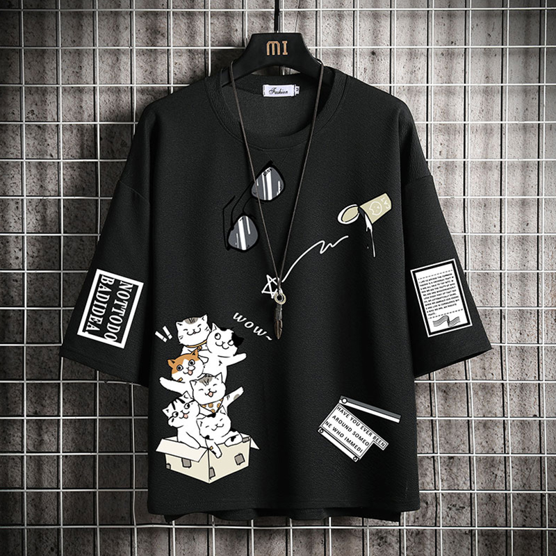 夏季七分袖男t恤ins潮牌潮流冰丝棉麻短袖体恤大码五分半袖上衣服