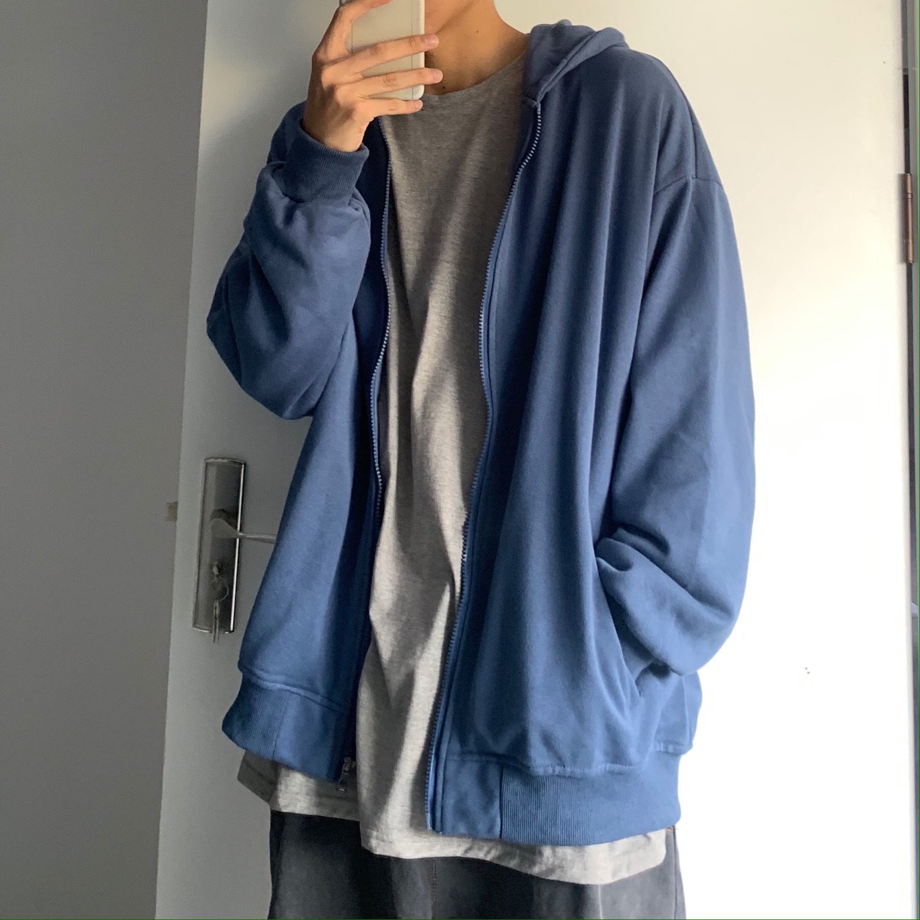 ins港风复古宽松bf百搭休闲日系开衫夹克纯色连帽卫衣外套男女潮