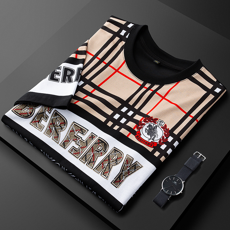 轻奢级冰丝光棉薄款面料个性印花t恤男短袖修身圆领休闲半袖男潮