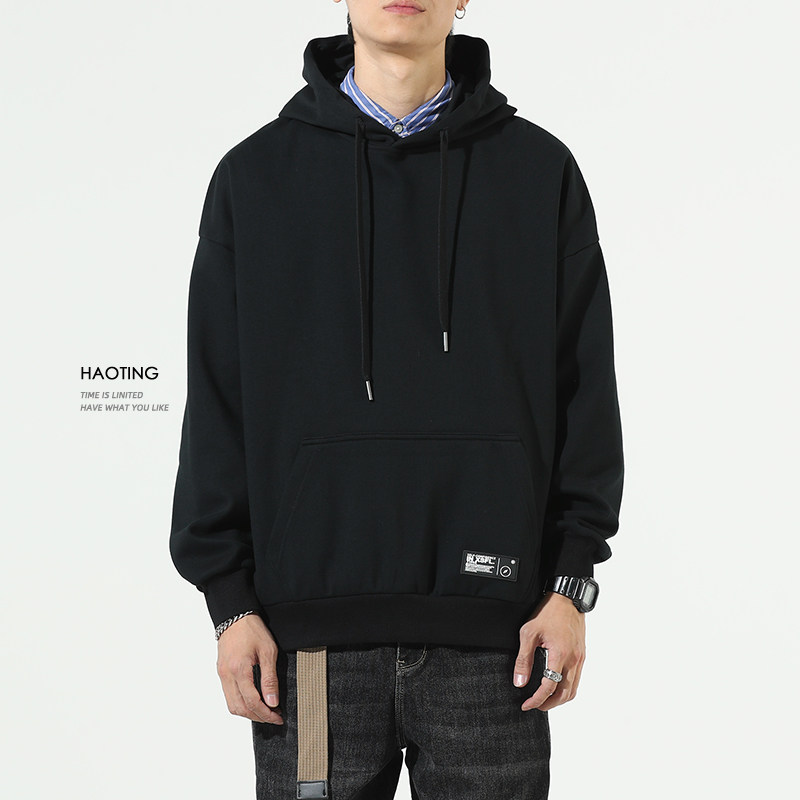 秋冬季加绒加厚黑色连帽卫衣男套头潮流宽松大码卫衣