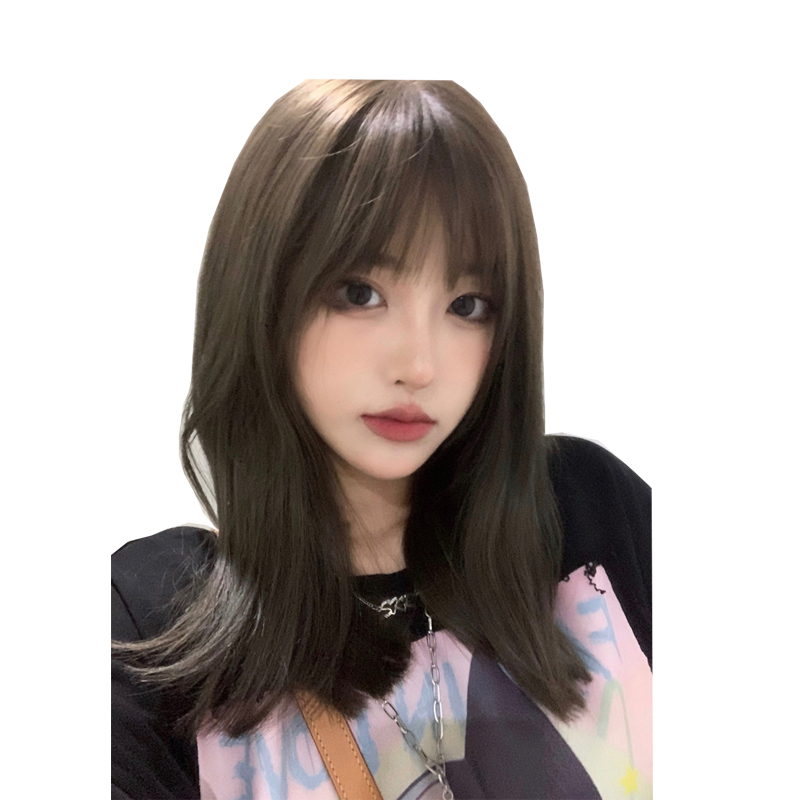 川上富江cos假发 网红齐刘海全头套冷棕色中长发自然日系发型女
