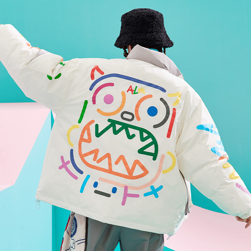 calmmind彩印怪兽棉服潮牌宽松休闲情侣装冬季国潮t恤