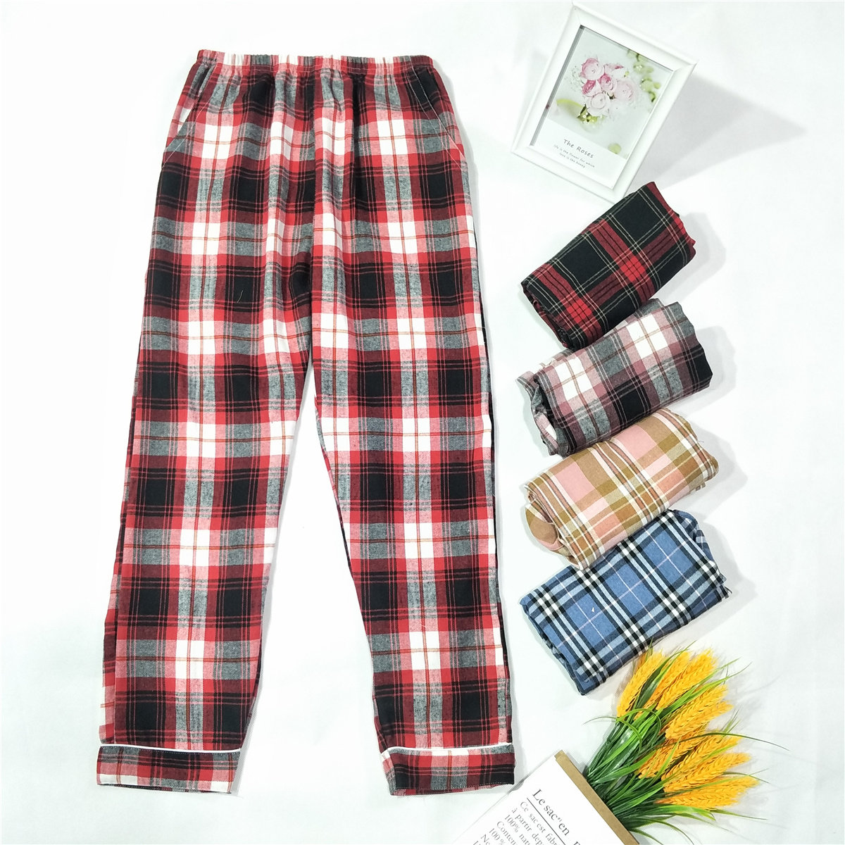 纯棉女士睡裤格子长裤秋冬款大码棉毛裤宽松家居睡裤