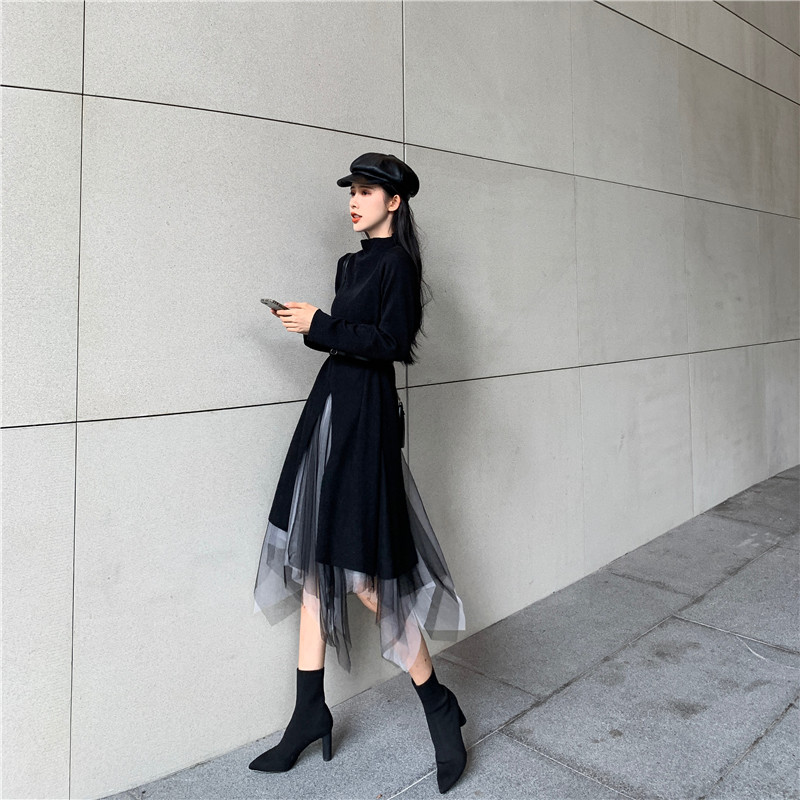 连衣裙女2021秋冬女神范针织毛衣网纱裙子赫本风两件套装显瘦显高