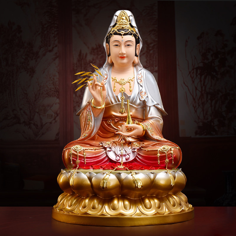 新款铜彩南海观音菩萨家用坐莲观音佛像供奉家用地藏王阿弥陀佛像