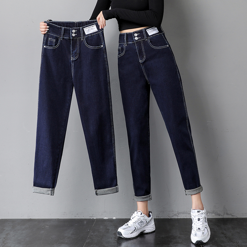 纯色高腰牛仔裤女宽松显瘦老爹裤2022新款深色休闲百搭卷边哈伦裤
