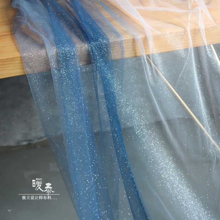 深海寻梦蓝白渐变烫金网纱 透视亮光洒金创意diy礼服时装设计布料 - 图1