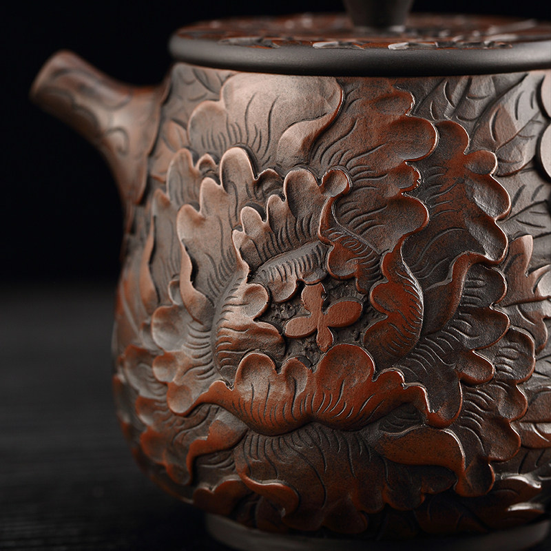 云南建水紫陶茶壶手工高档浮雕石瓢壶紫砂壶功夫茶壶
