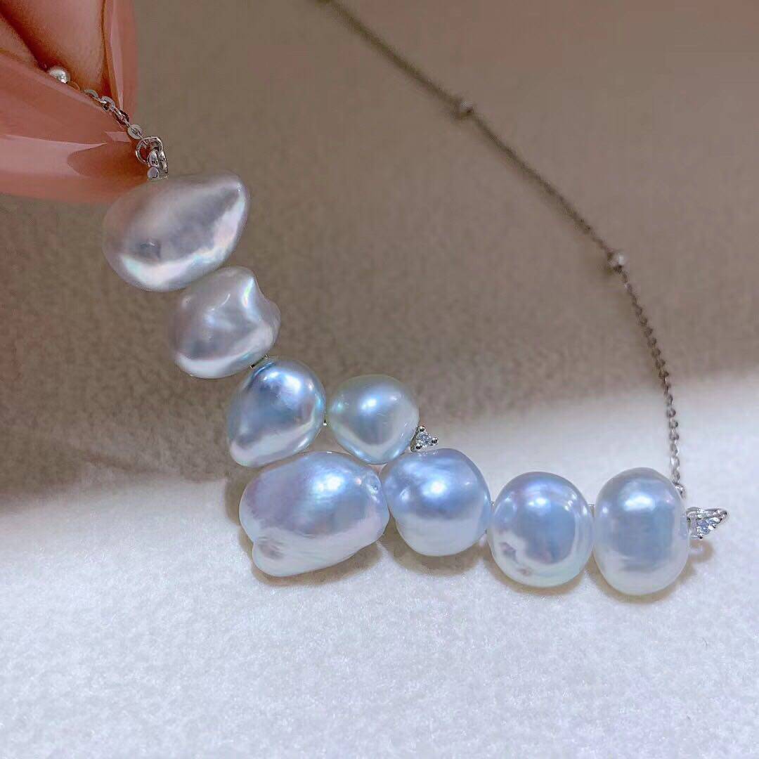 日本设计keshi项链610mm极光野生无核白珍珠微笑项链