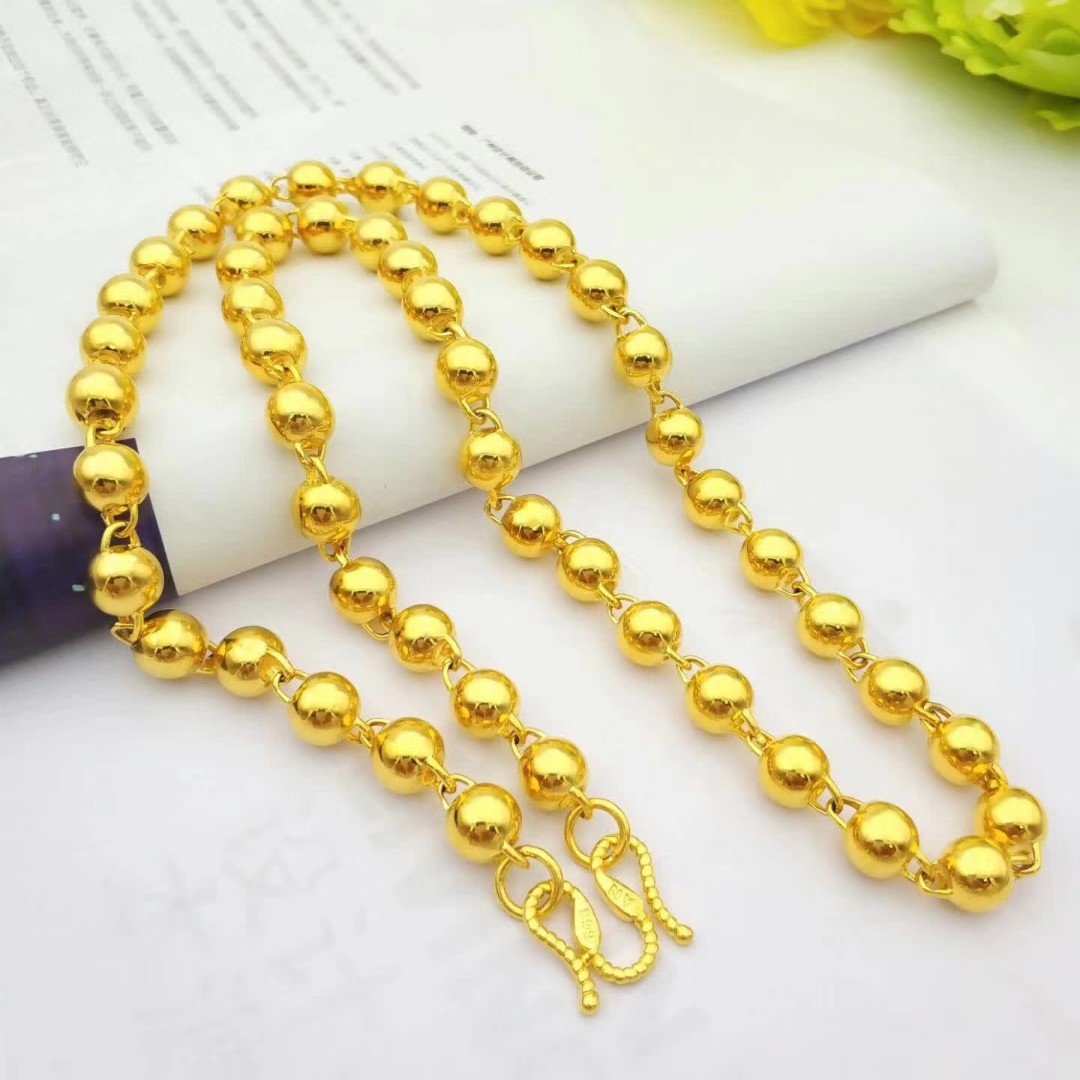黄金项链男款3d实心转运佛珠k金光面圆珠项链999足金时尚抖音爆款