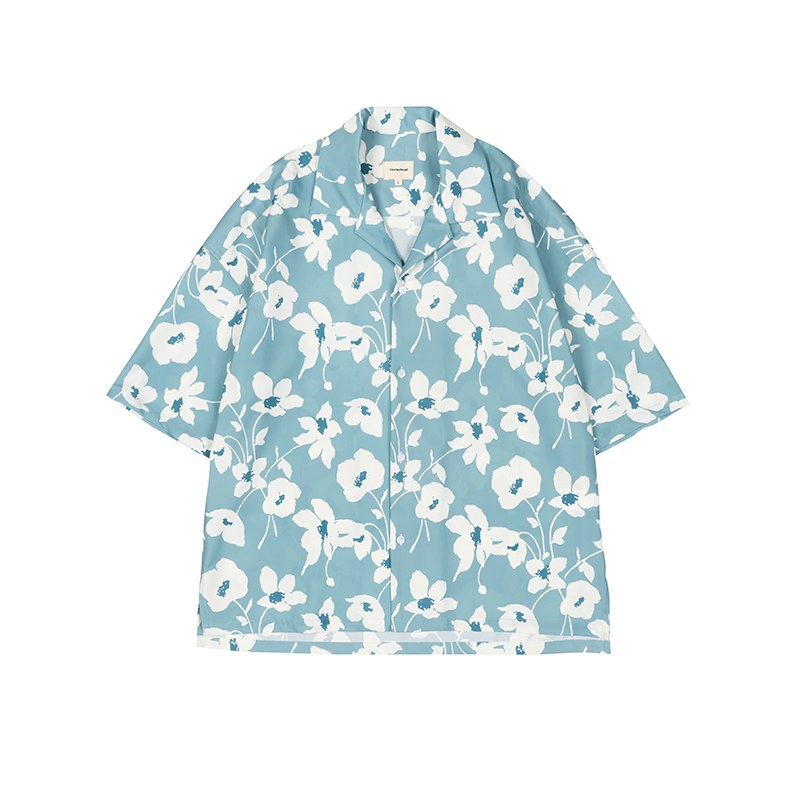 LOSTMYHEAD蓝色休闲古巴领宽松夏威夷ALOHA国潮短袖情侣花衬衫男