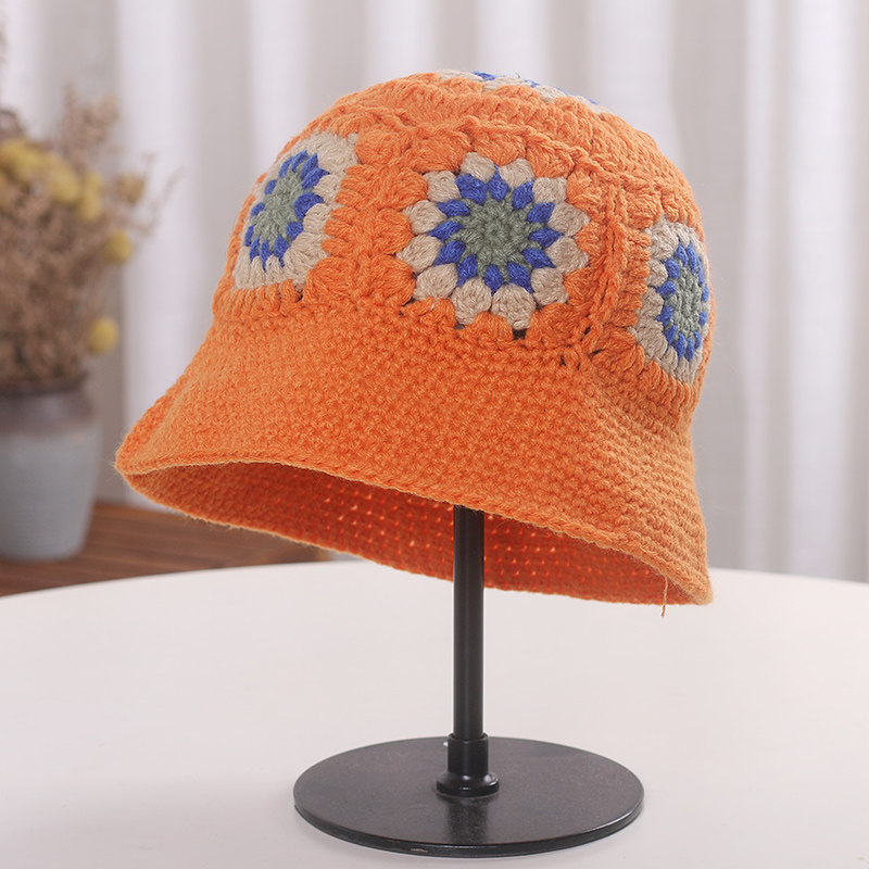 日系手工钩花渔夫帽子子女秋冬保暖镂空针织帽子
