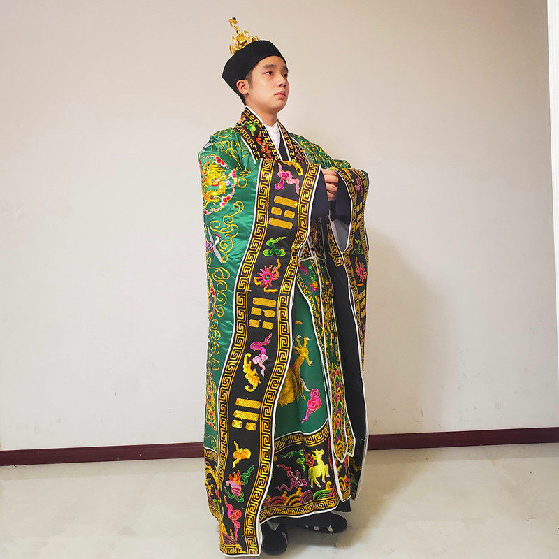 法衣机绣金线刺绣绿色九龙高功绛衣绣品道袍汉服