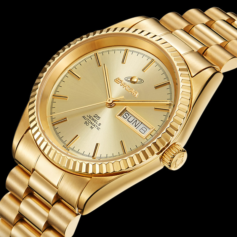 英纳哥双日历全自动机械表瑞士机械表老英哥手男士正品背透时尚