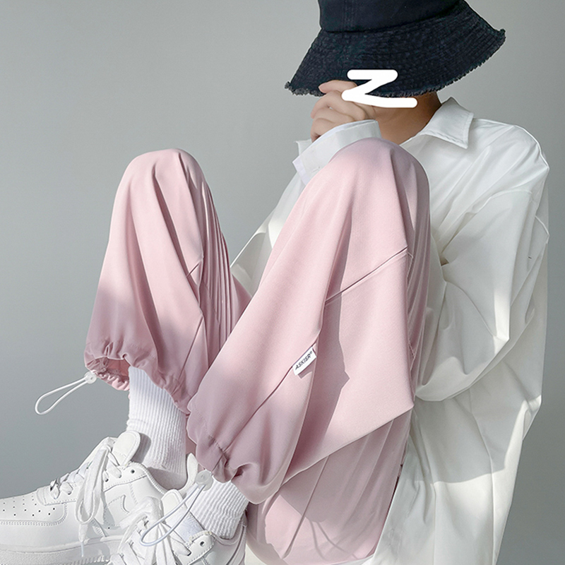 粉色高级感炸街裤子抽绳束脚设计感欧美hiphop裤子九分裤男夏薄款