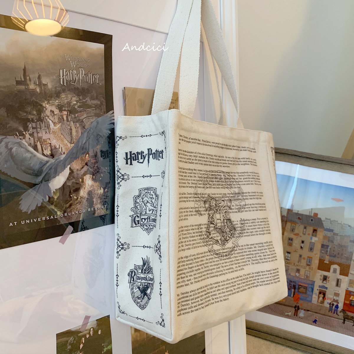 ANDCICI@魔法学院~徽章设计感帆布包男女学生书包单肩包大购物袋