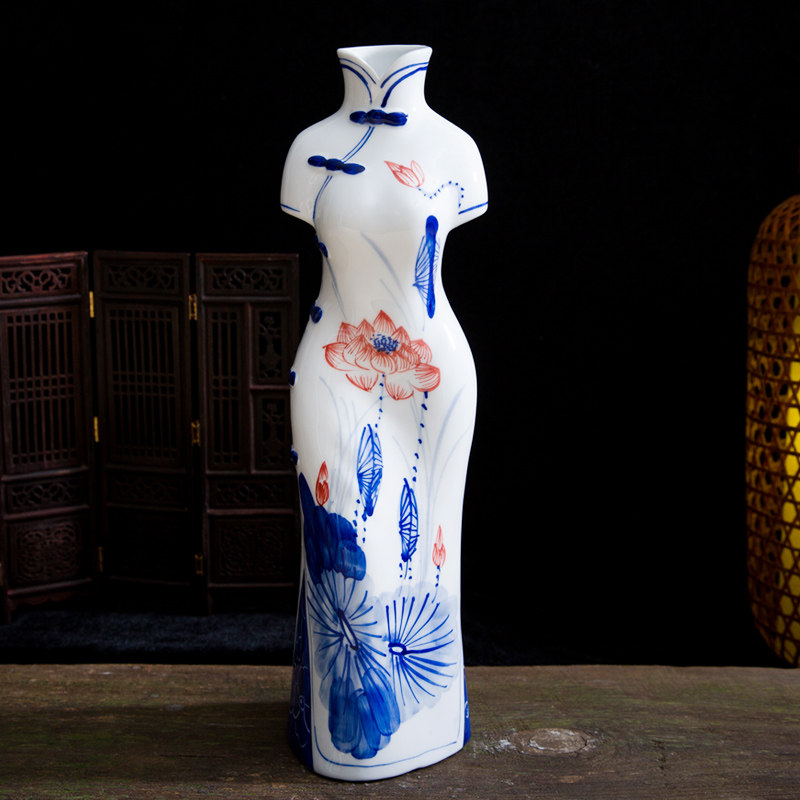 景德镇陶瓷手绘现代旗袍花瓶插花优雅中式家居装饰工艺品摆件