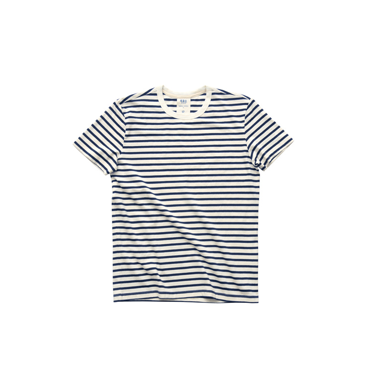 吃茶去男款蓝标有机棉圆领条纹海魂衫短袖纯棉休闲文艺 新疆棉t恤