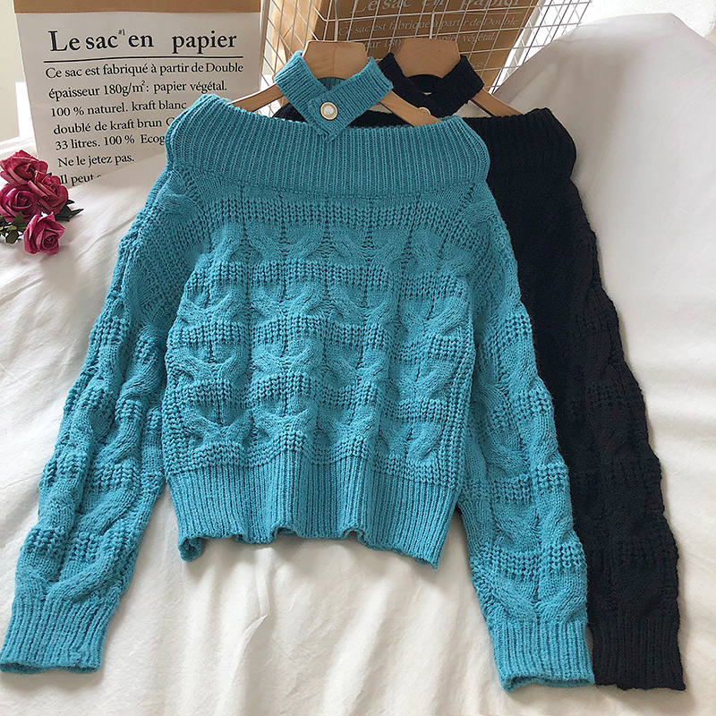 秋冬韩版复古一字露肩麻花编织长袖针织衫领结毛衣