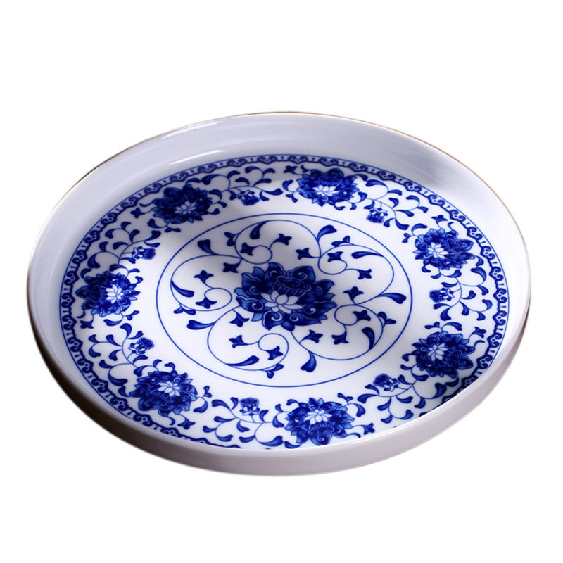 景德镇陶瓷托盘茶盘圆形青花瓷盘子釉下中式单层茶具茶托