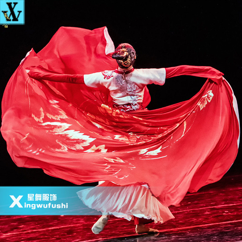 舞蹈桃李红艳凝香服装古典红色飘逸舞服超大民族服装