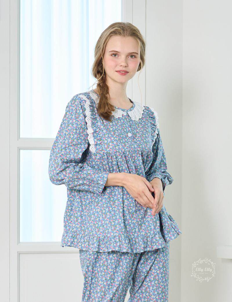 韩国代购elly品牌睡衣秋季碎花纯棉长袖长裤睡衣