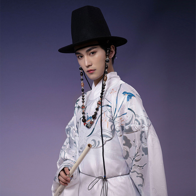 如梦梦霓裳汉服配饰方顶大帽男野雉毛珠串平顶顶帽帽子