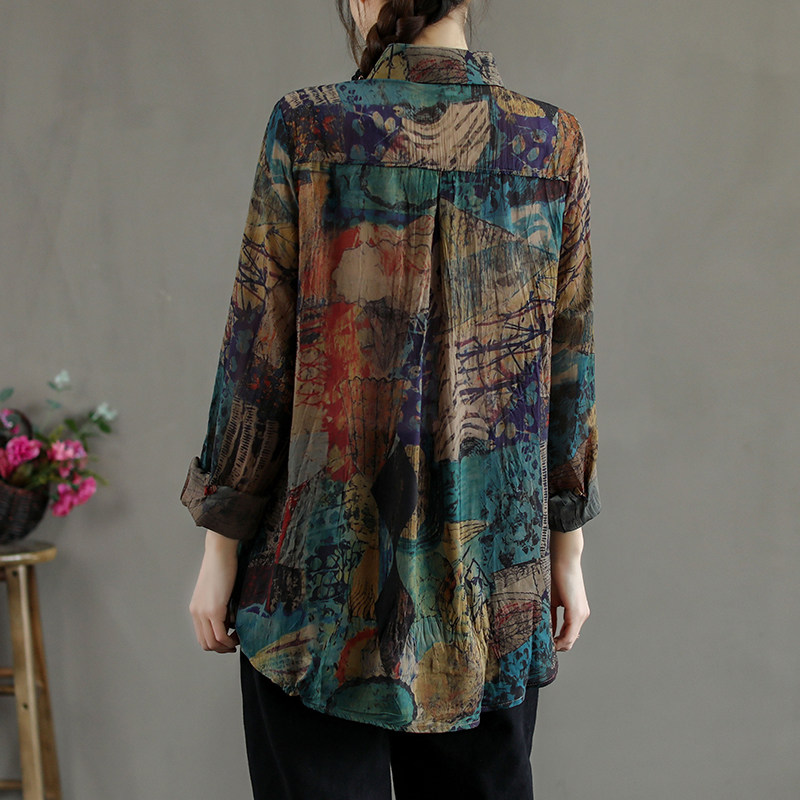 概念原创复古文艺彩绘麻丝长袖方领衬衫春装衬衫