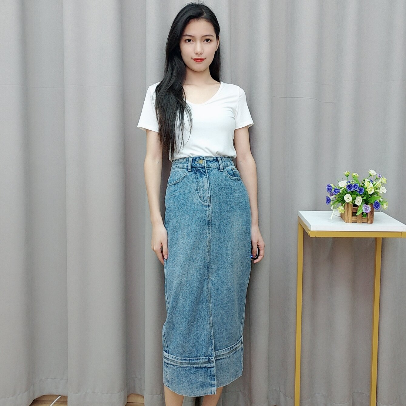 西湖阁老【润】2020秋装女  包臀开叉一步裙牛仔半身长裙