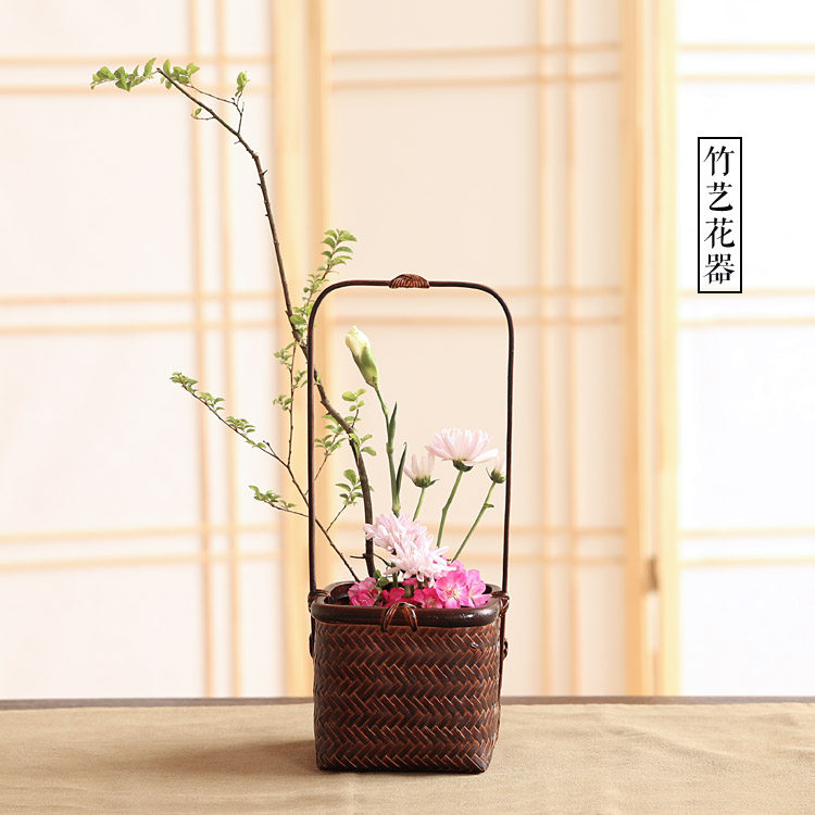 小原流花道插花花底座竹编手工花插花瓶花篮花篮