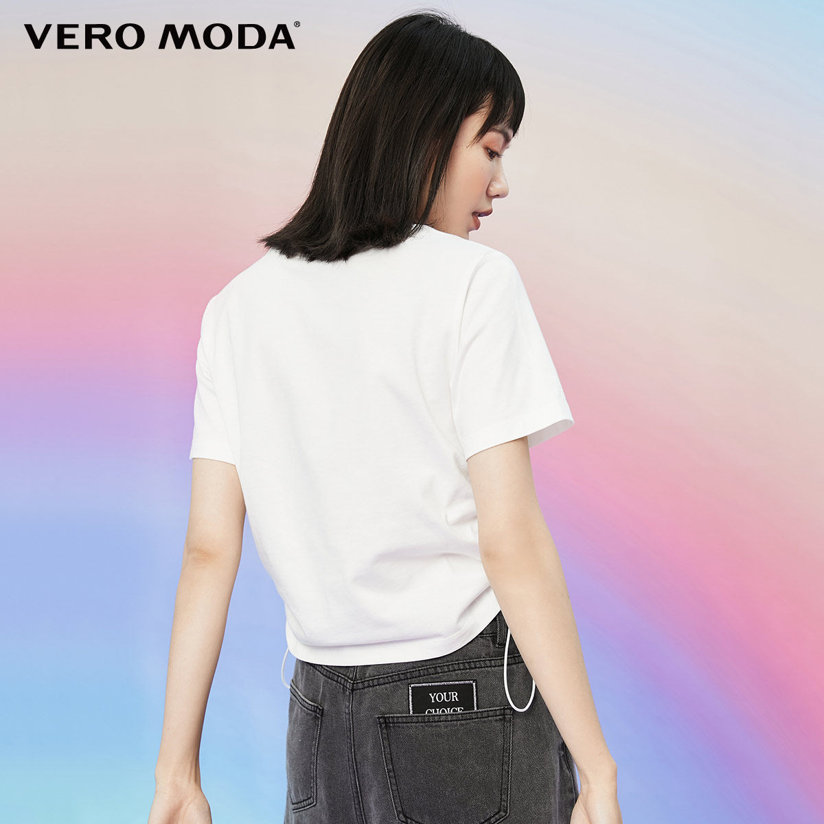 veromoda2021春夏新款纯棉链条装饰侧边松紧抽绳t恤