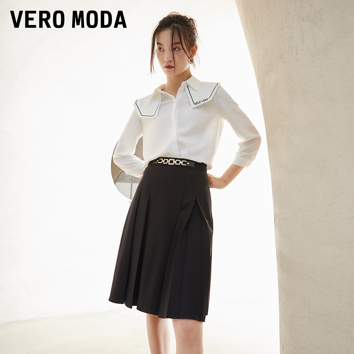 veromoda2021早秋新款通勤叠褶直筒半身裙女321316043半身裙